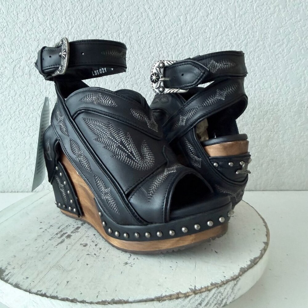 Black Leather Embroidered Wedge Sandals with Studded Wood Platform
